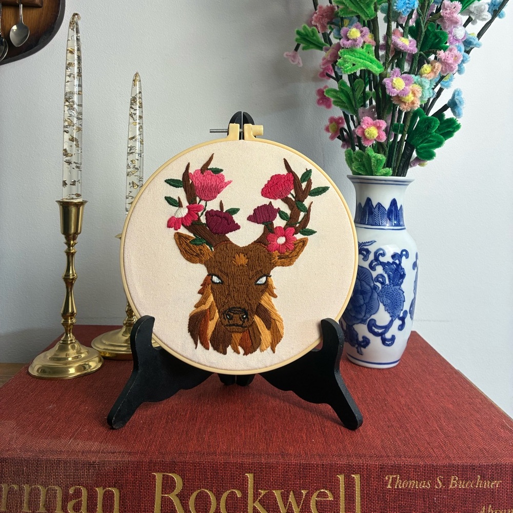 Hand Embroidered Deer Floral Hoop Art – 8” Woodland Decor